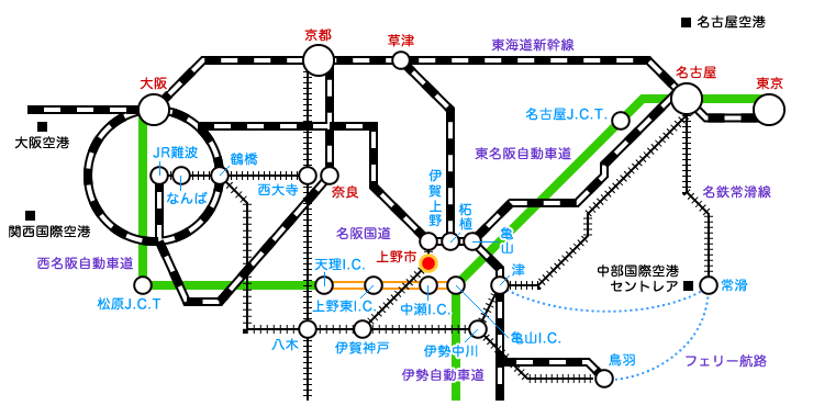 伊賀へのアクセス地図